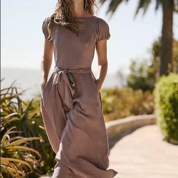Free People Dresses & Skirts - Free People Jackie Midi Puff Sleeve Backless Tie Slim Dress New